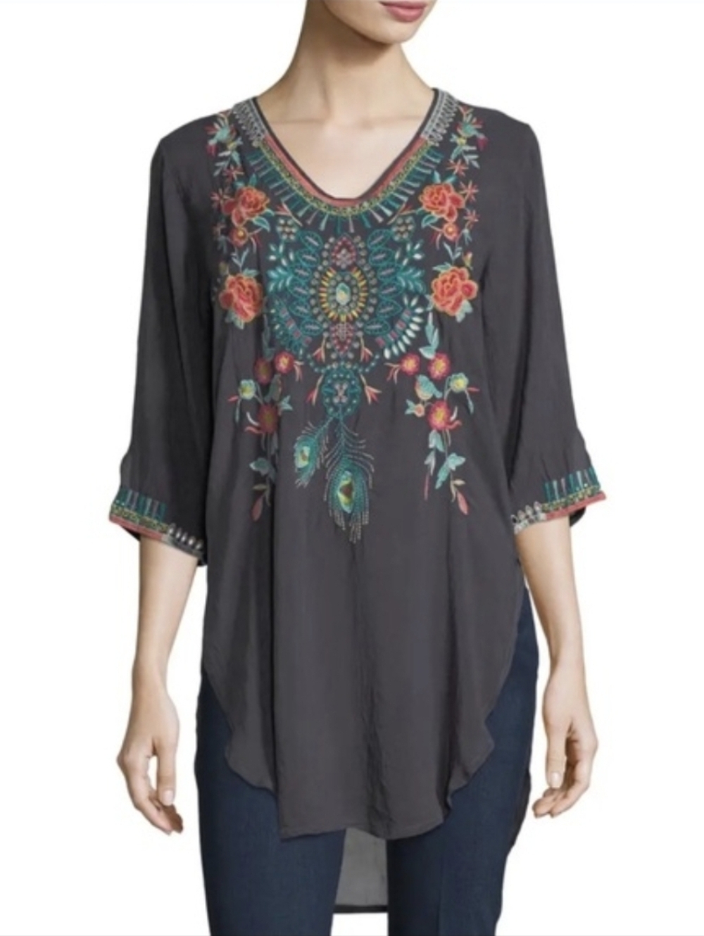 Johnny Was Embroidered Floral V-Neck Tunic Top - Charcoal Size Medium